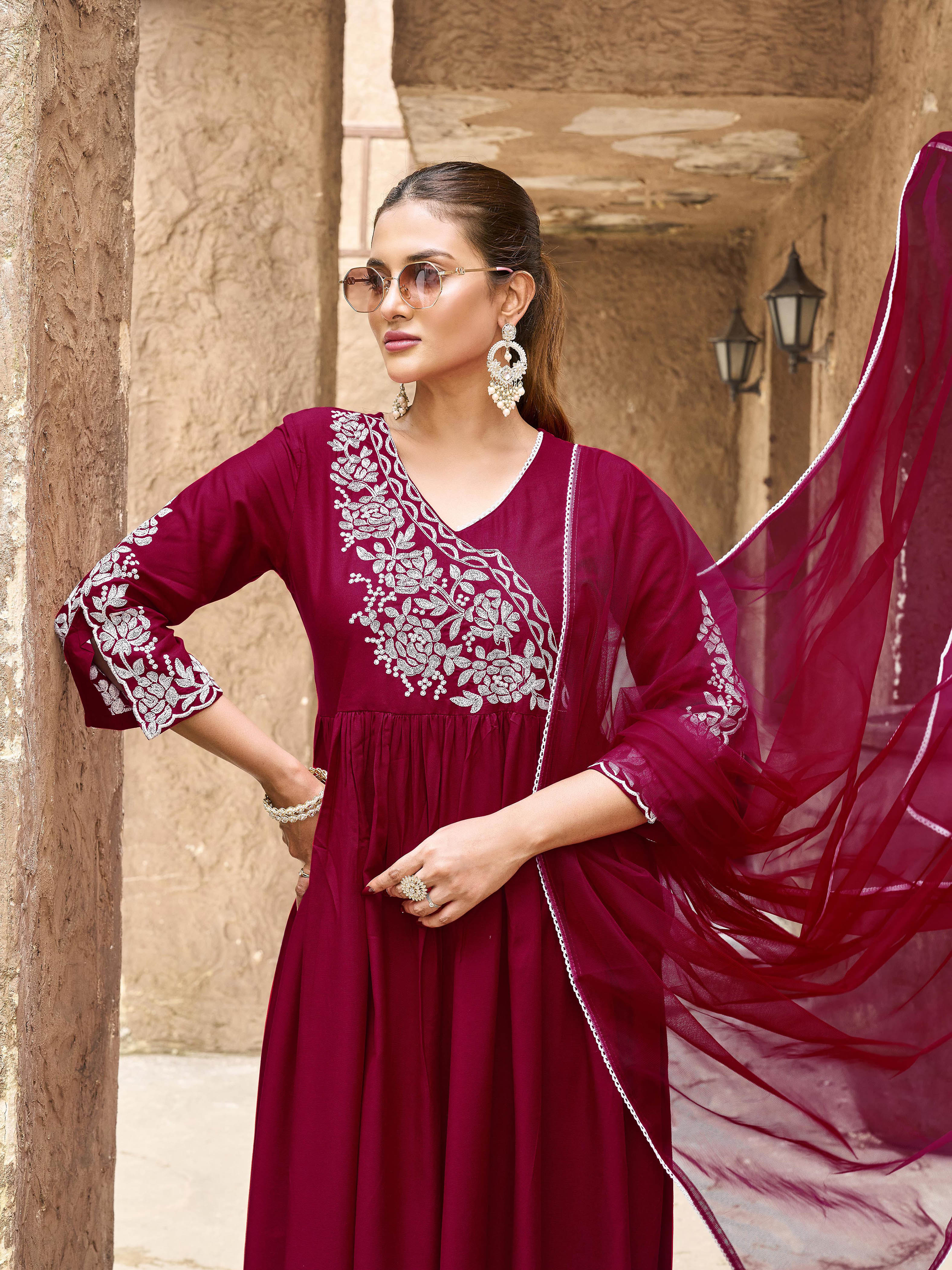 Red color rayon white thread embroidered A-line kurta & trouser with dupatta set